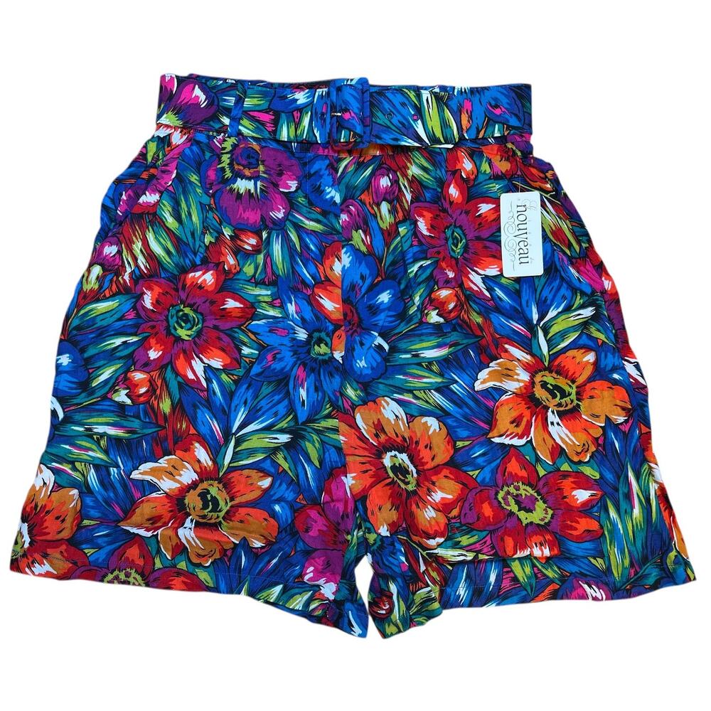 Vtg 90s Nouveau High Waist Floral Print Dress Shorts Sz M Pink Blue Preppy Belt
